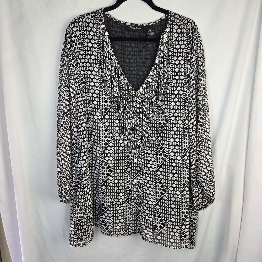 Maggie Barnes Geo Print Fringe Blouse Womens 5X Chiffon Beaded Unique Indie Boho